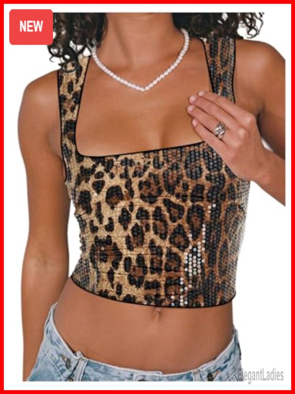 Sequin Leopard Print Square Neck Crop Tank Top Sleeveless Slim Fit